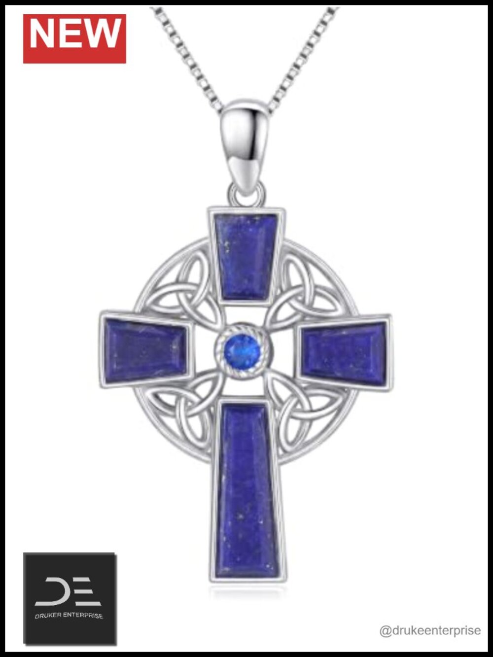 Sterling Silver Celtic Cross Necklace Lapis Lazuli Pendant Irish Jewelry for
